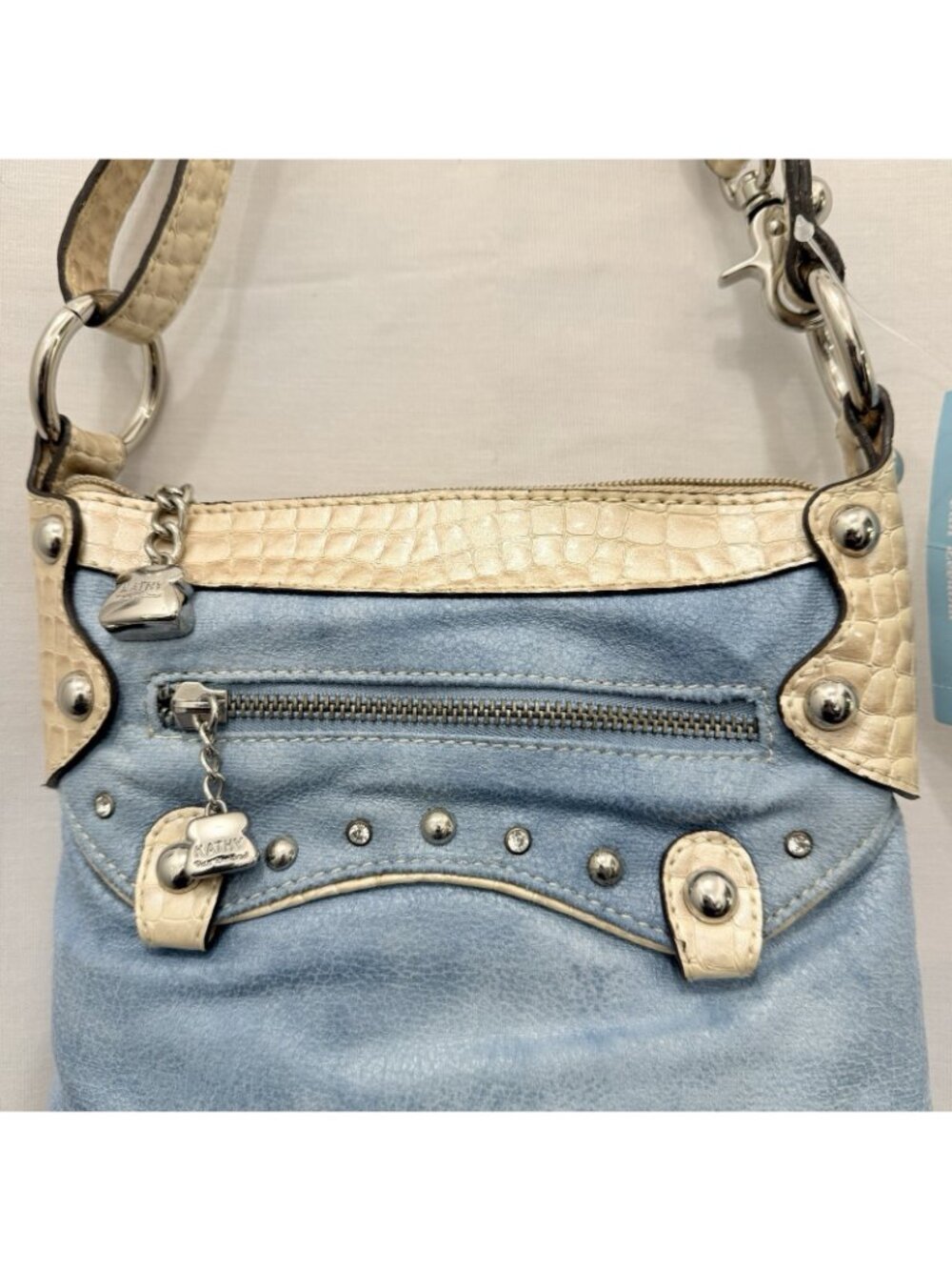 Kathy Van Zeeland Y2K Blue Denim Cream Croc Purse Handbag w Rhinestones & Studs - Picture 3 of 14